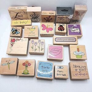 Huge Lot of 22 Wood Mount Stamps, Mini Alphabet Outdoor Sentiments Many Look New